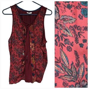 Maurices Plus 1X 16/18 Sleeveless Mixed Media Floral Blouse Tassel Lace Up Top